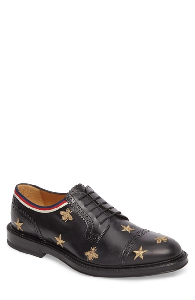 Shop Gucci Embroidered Leather Brogue Shoe In Black