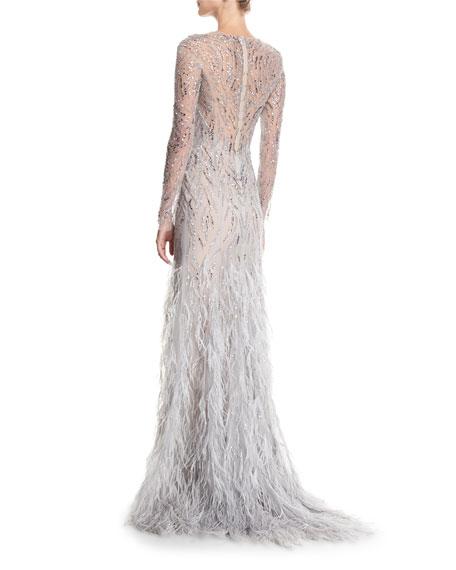 Monique Lhuillier Embellished Long-sleeve Illusion Evening Gown With ...