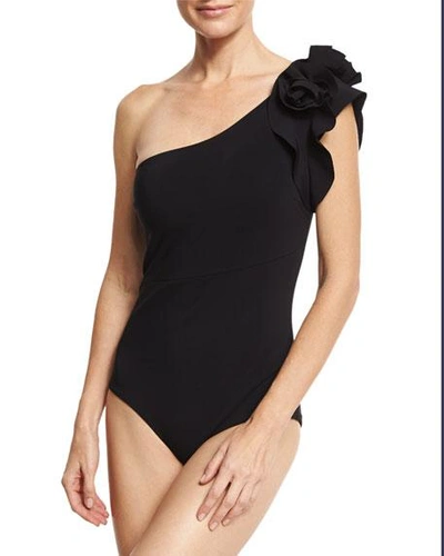 Shop Chiara Boni La Petite Robe Chrysa One-shoulder Floral Ruffle One-piece Swimsuit, Black