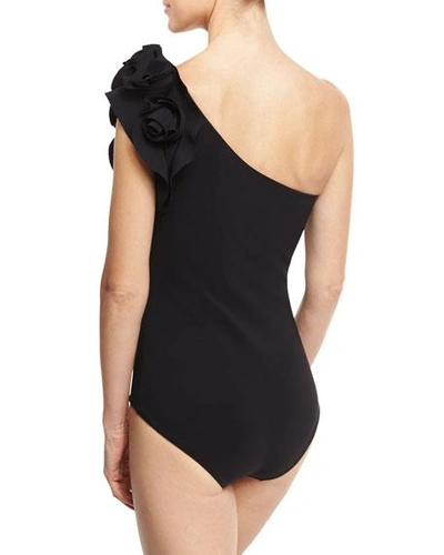 Shop Chiara Boni La Petite Robe Chrysa One-shoulder Floral Ruffle One-piece Swimsuit, Black