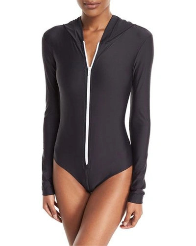 Shop Cover Zip-front Hooded Long-sleeve One-piece Swimsuit In Black