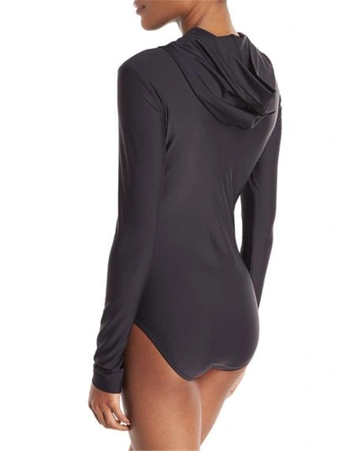 Shop Cover Zip-front Hooded Long-sleeve One-piece Swimsuit In Black