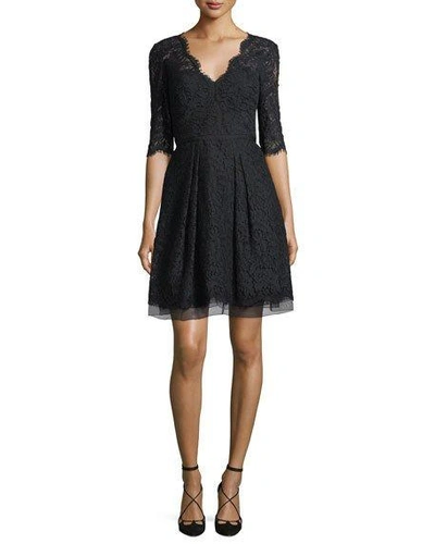 Shop Carolina Herrera Half-sleeve V-neck Lace Cocktail Dress, Black