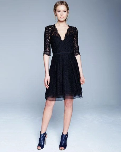 Shop Carolina Herrera Half-sleeve V-neck Lace Cocktail Dress, Black