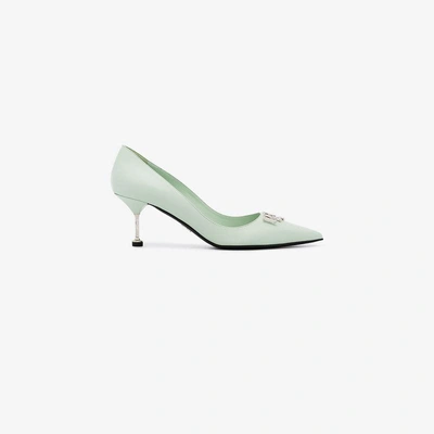 Shop Prada Green 65 Leather Logo Pumps