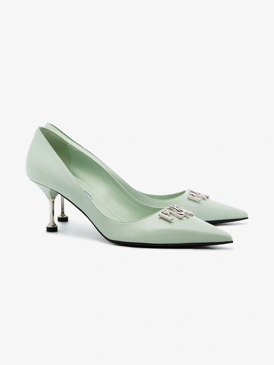 Shop Prada Green 65 Leather Logo Pumps