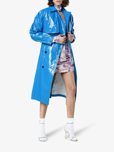 Shop Msgm Oversized Pvc Trench Coat In Blue