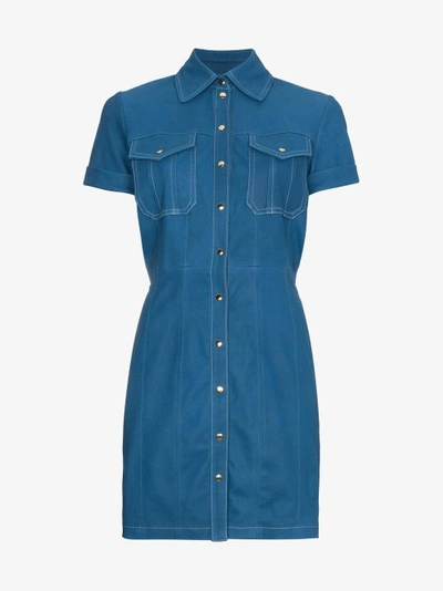 Shop Skiim Leather Button Down Mini Dress In Blue