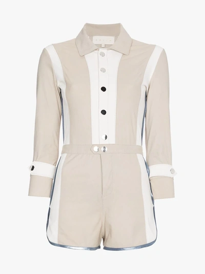 Shop Skiim Grace Buttoned Leather And Suede Playsuit In Nude&neutrals