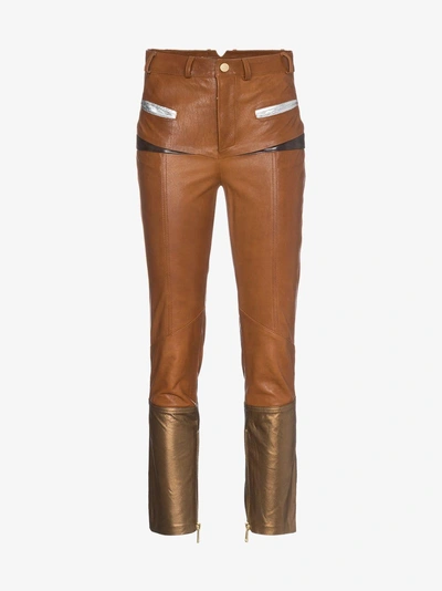 Shop Skiim Leather Trousers With Zip Detail In Brown