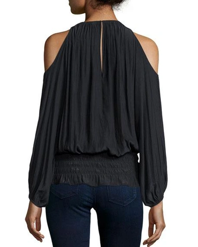 Shop Ramy Brook Lauren Cold-shoulder Smocked-waist Top In Black