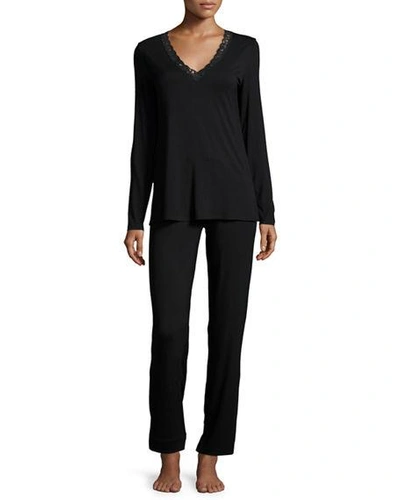 Shop Natori Feathers Long-sleeve Pajama Set In Black