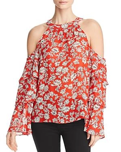 Shop Red Haute Tiered-sleeve Cold-shoulder Top In Rojo