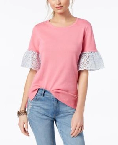 Shop Tommy Hilfiger Cotton Eyelet-sleeve Top In Peony Combo