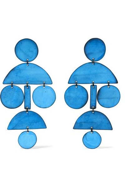 Shop Annie Costello Brown Pompom Oxidized Earrings In Blue