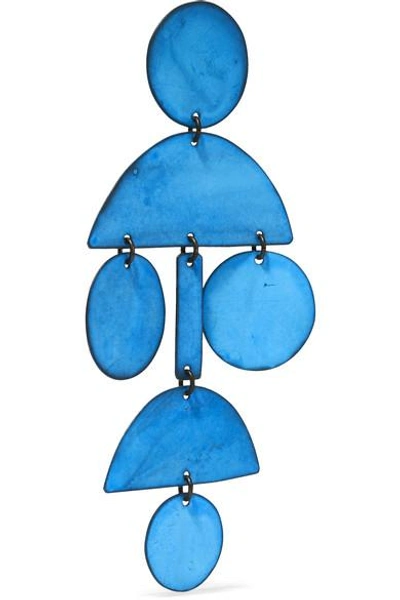 Shop Annie Costello Brown Pompom Oxidized Earrings In Blue