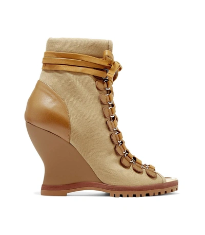 Shop Chloé Brown River Canvas And Leather Wedge Ankle Boots