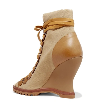 Shop Chloé Brown River Canvas And Leather Wedge Ankle Boots