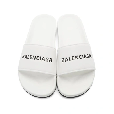 Shop Balenciaga White Logo Pool Slides In 9061 Wht/bl