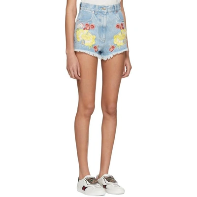 Shop Gucci Blue Denim Embroidered Shorts In 4048 Denim