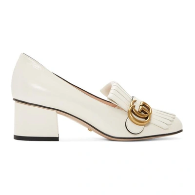 Shop Gucci White Gg Marmont Fringed Loafer Heels In 9022 White