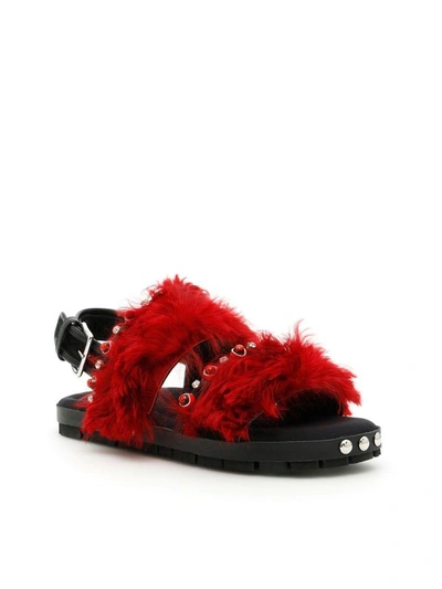 Shop Marni Fur Sandals In China Red|rosso