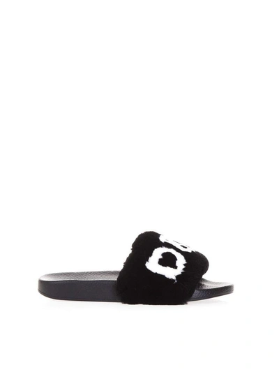 Shop Dolce & Gabbana Rubber Slides With Mink Insert & Logo In Black/white