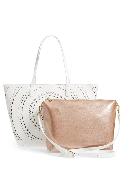 Shop Sondra Roberts Perforated Glitter Flower Faux Leather Tote - Beige In White