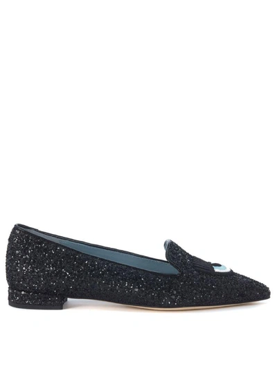 Shop Chiara Ferragni Logomania Black Glitter Pointed Flat Shoes In Nero