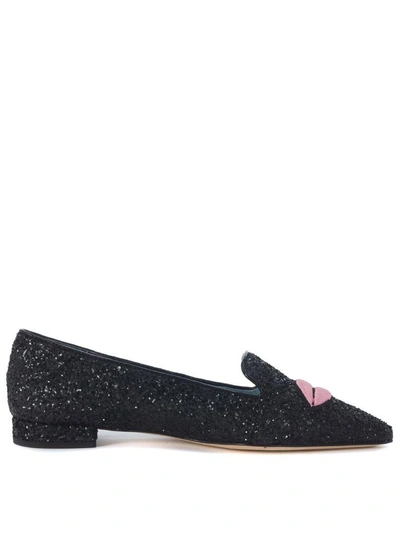 Shop Chiara Ferragni Logomania Black Glitter Pointed Flat Shoes In Nero