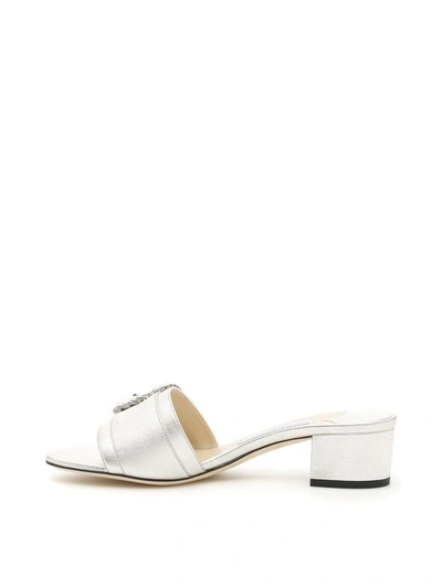 Shop Jimmy Choo Nappa Mules With Crystal Buckle In Silver Crystalmetallico
