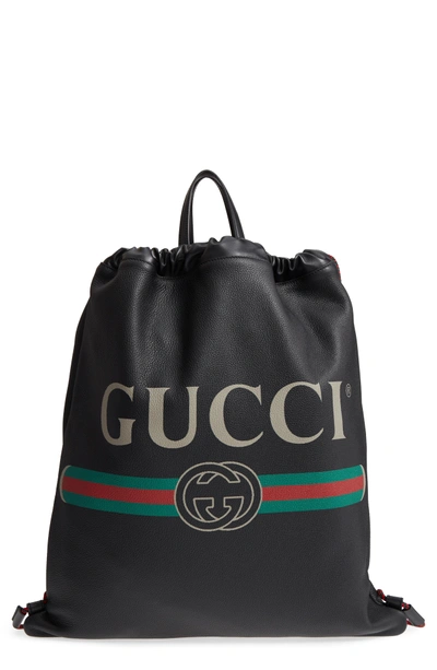 Shop Gucci Logo Leather Drawstring Backpack - Black