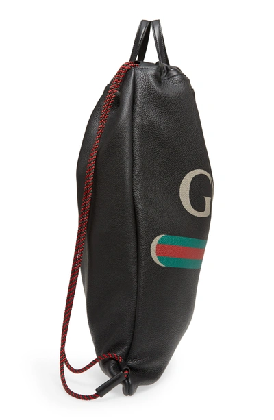 Shop Gucci Logo Leather Drawstring Backpack - Black