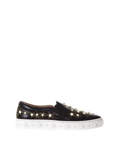 Shop Aquazzura Cosmic Pearls Leather Slip-on Sneakers In Black