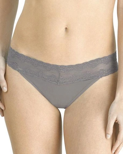 Shop Natori Bliss Perfection Lace-trimmed Thong (one Size) In Gunmetal