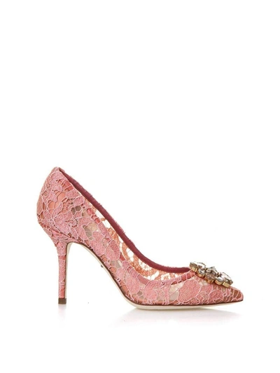 Shop Dolce & Gabbana 90mm Bellucci Lace & Swarovski Pumps In Peony