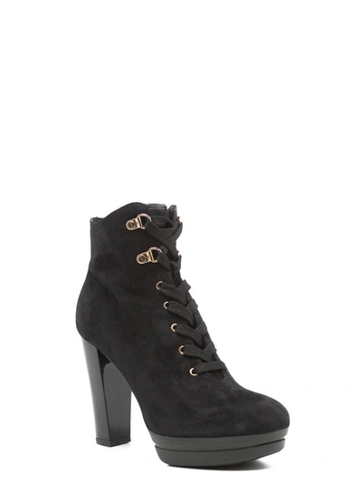 Shop Hogan Heeled Lace-up Suede Ankle Boots In Black