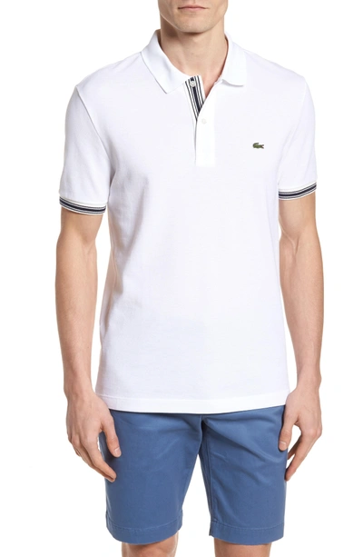 Shop Lacoste Slim Fit Stripe Sleeve Cotton Polo In White