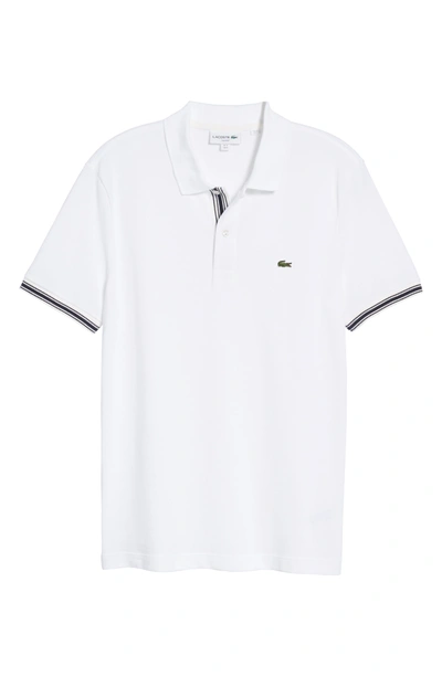 Shop Lacoste Slim Fit Stripe Sleeve Cotton Polo In White