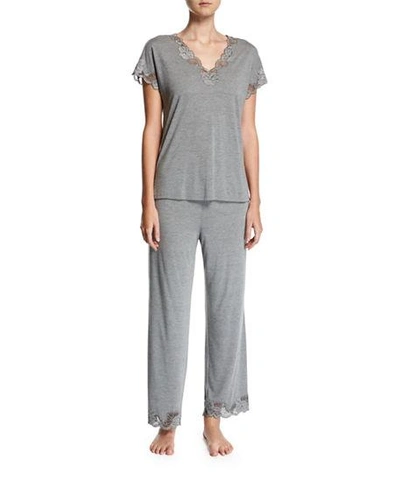 Shop Natori Zen Floral-trim Short-sleeve Pajama Set In Lightheather Grey