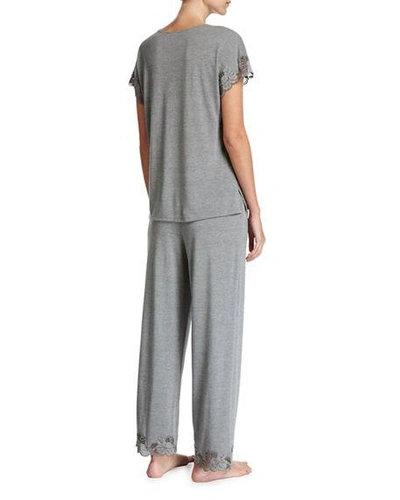 Shop Natori Zen Floral-trim Short-sleeve Pajama Set In Lightheather Grey