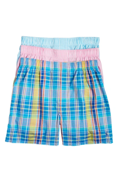 Shop Polo Ralph Lauren 3-pack Cotton Boxers In Aqua Plaid/ Flemming/ Pink