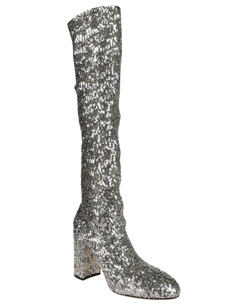 Dolce & Gabbana 90mm Stretch Sequins Over The Knee Boots In Silver ...