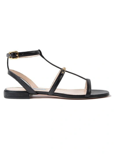 Shop Prada Logo Gladiator Flat Sandals In Nero