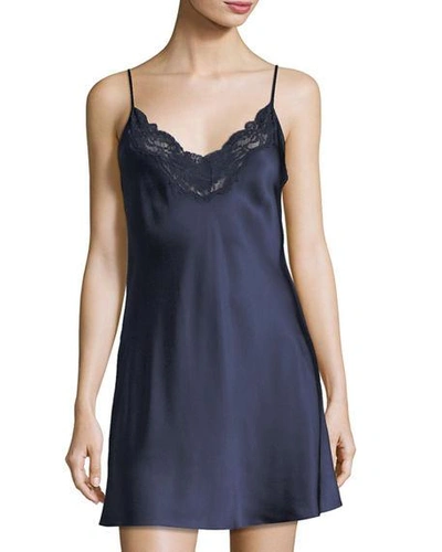 Shop Christine Designs Bijoux Lace-trim Silk Chemise In Navy