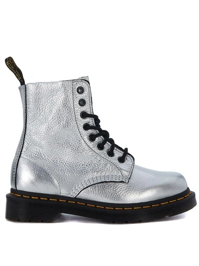 Shop Dr. Martens' 8 Eyelets Silver Leather Ankle Boots In Argento