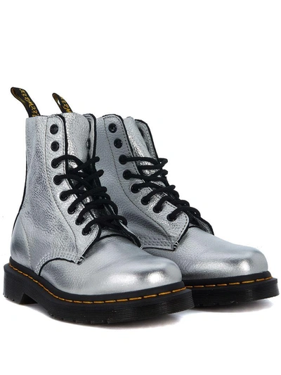 Shop Dr. Martens' 8 Eyelets Silver Leather Ankle Boots In Argento