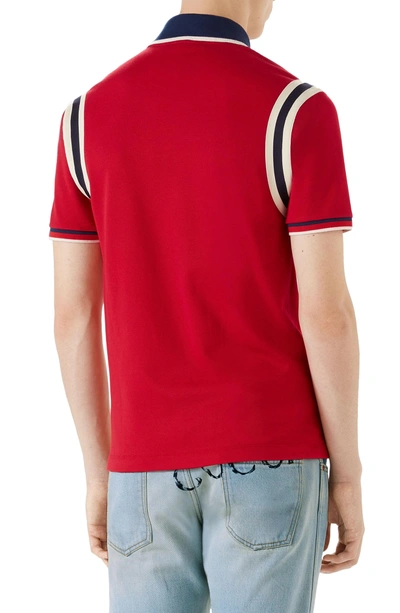 Shop Gucci Stripe Sleeve Bee Polo In Red