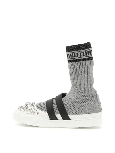 Shop Miu Miu Lurex Knit Hi-top Sneakers In Argento+nero (black)