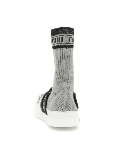Shop Miu Miu Lurex Knit Hi-top Sneakers In Argento+nero (black)
